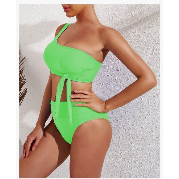 One Shoulder High Waisted Bikini Set Two Piece Tie High Leg Swimsuit green Small - Picture 2 of 13